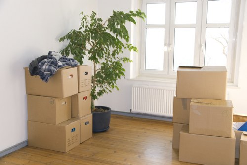 The image depicts a bright, sparsely furnished room with a wooden floor and white walls, illuminated by natural light streaming through three large double-glazed windows. In the corner of the room, a tall, leafy house plant in a dark blue pot adds a touch of greenery. Stacked on the floor are several large cardboard moving boxes, some of which are open or partially packed, with the boxes showing printed tape and labels. The boxes vary in size and are arranged in two separate stacks, one along the left wall and another near the windows, indicating preparation for a house move or packing activity. On top of one box, there is a folded checkered fabric, possibly a piece of clothing or packing material. A white radiator is mounted beneath the windows, and the room's overall clean and organized appearance suggests that the space is in the process of being vacated or prepared for a move. The setting reflects a typical domestic environment in Kentish Town, with furniture and belongings arranged to facilitate house removals by Kentish Town Man with Van services, without any clutter or personal objects visible beyond the packing materials.