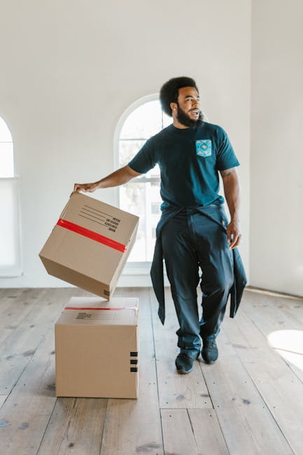 Two professional movers from Kentish Town Man With Van are inside a well-lit, spacious room with white walls and large arched windows, engaged in a home relocation process. One mover, with an afro hai